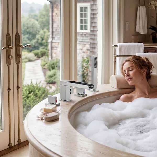 2-Handle Tub-Mount Roman Tub Faucet with Hand Shower in Polished Chorme, 4 Hole Waterfall Tub Faucet with 360° Spout