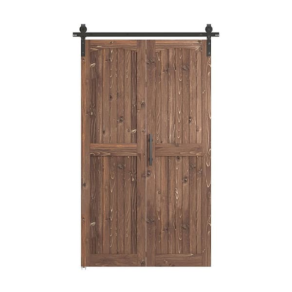 SANDING Assembled Arch Top 44 in. x 84 in. Solid Core Dark Walnut Pine Wood Bi-Fold Door With Hardware Kit