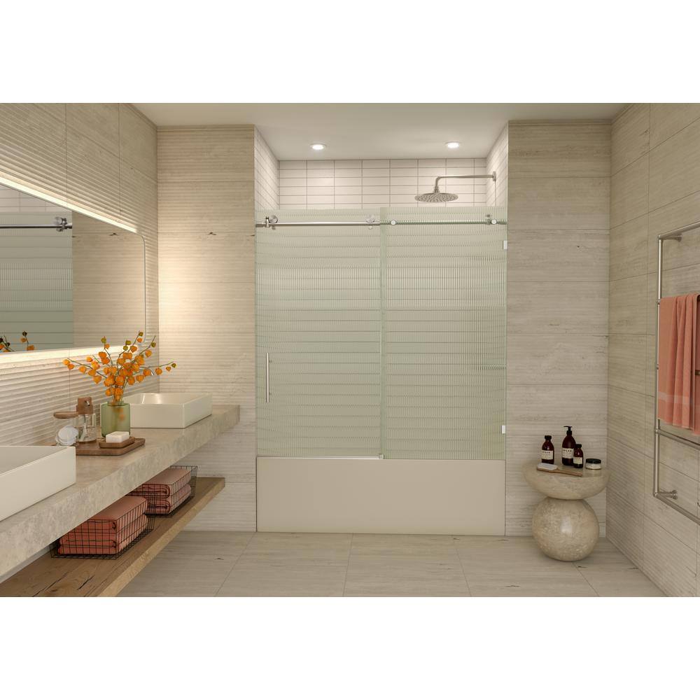 Galaxy 60" Frameless Fluted Glass Sliding Bathtub Door in Brushed Nickel