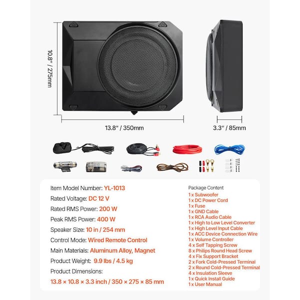 VEVOR 10 400W Underseat Car Subwoofer, Slim Powered Car Subwoofers Under The Seat, Low Profile Audio Sub Built-in Amplifier, Black