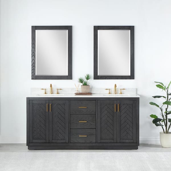 Altair Gazsi 72 in. W x 22 in. D x 34 in. H Double Sink Bath Vanity in Brown Oak with White Composite Stone Top and Mirror