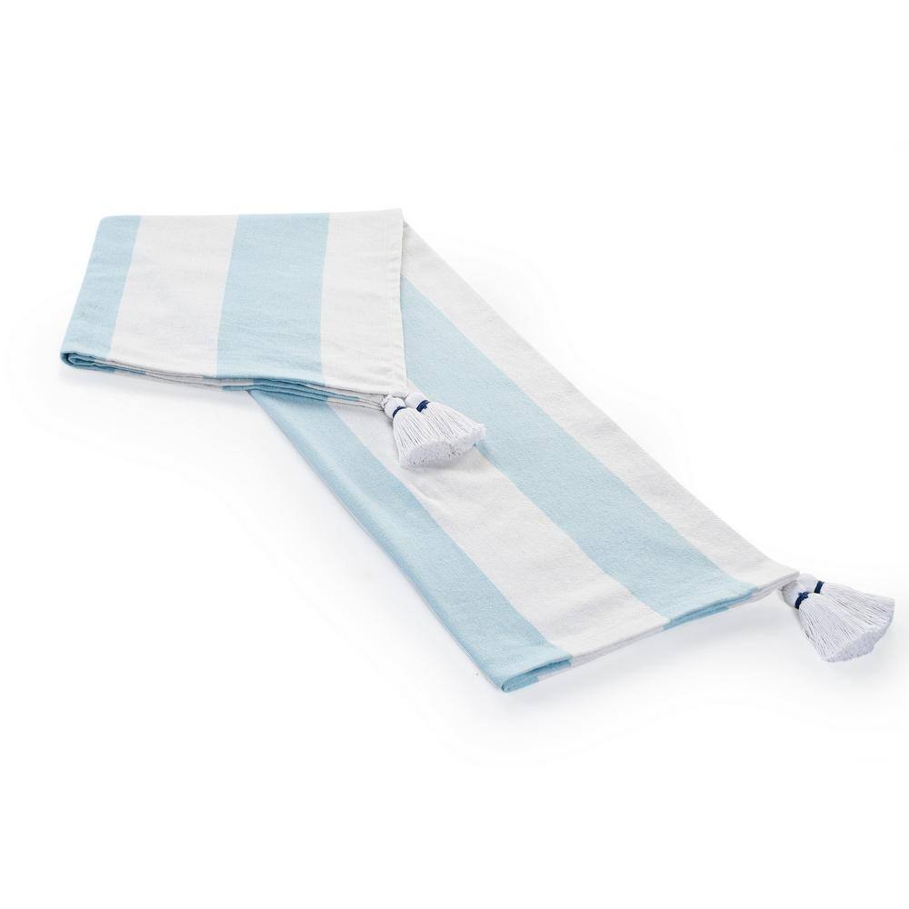 Corydalis Blue and White Striped Cotton Throw Blanket with Tassels