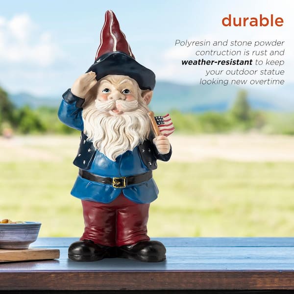 Alpine Corporation 12 in. Tall Outdoor Patriotic Garden Gnome Saluting Yard  Statue Decoration ZEN126S - The Home Depot