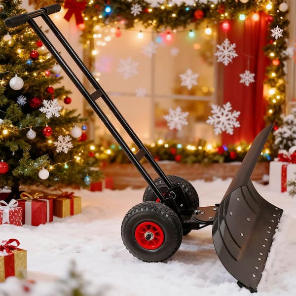 40.4 in. Double-Rod Metal Handle Rolling Snow Pusher Shovel with Steel Blade, Snow Shovel Pusher Plow with Wheels