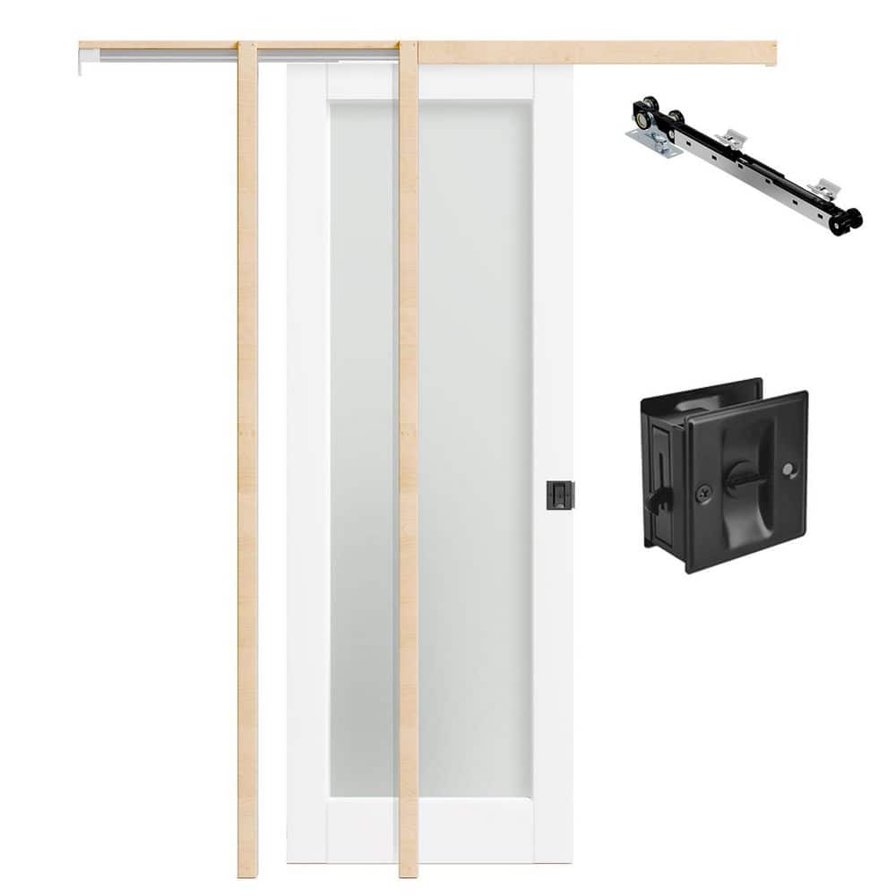 36 in. x 80 in. Primed Wood Full Lite Frosted Glass Double Sliding Pocket Door with Frame, Black Lock & Soft Close Incl. price history on PriceWatchPro