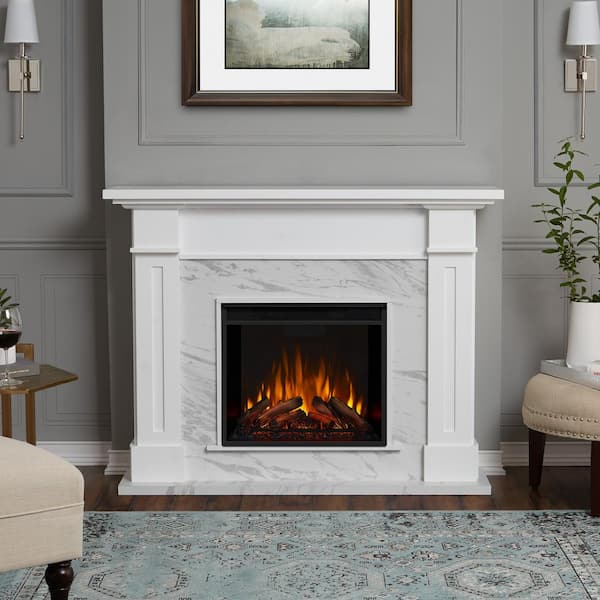 Real Flame Kipling 54 In Freestanding, Marble Surround Fireplace With Electric Fire