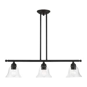 Moreland 3-Light Black Linear Chandelier with Hand Blown Clear Glass Shades