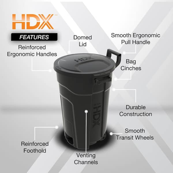 32 Gal. Black Outdoor Vented Trash Can with Wheels, Domed Lid, Rounded Handles, and Reinforced Foothold