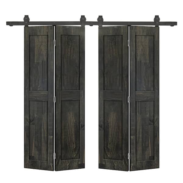 CALHOME 48 in. x 84 in. 2-Panel Shaker Hollow Core Charcoal Black Pine Wood Double Bi-fold Door with Barn Door Hardware Kit