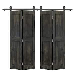 72 in. x 84 in. 2-Panel Shaker Hollow Core Charcoal Black Pine Wood Double Bi-Fold Door with Barn Door Hardware Kit