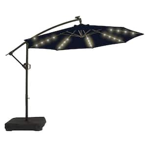 10 ft. Solar LED Offset Hanging Umbrella Cantilever Patio Umbrella with Tilt Adjustment and Cross Base in Navy Blue