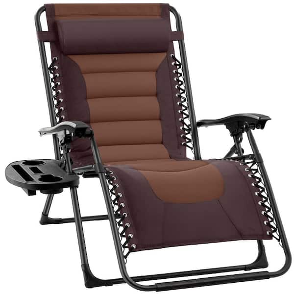 Best Choice Products Oversized Padded Zero Gravity Brown/Caramel Metal Reclining Outdoor Lawn Chair with Side Tray