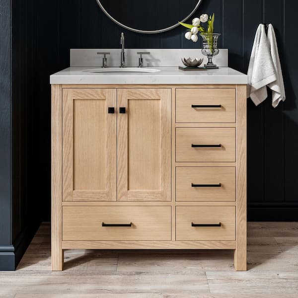 Cambridge 36 in. W x 22 in. D x 36 in. H Single Oval Sink Bath Vanity in Oak with Carrara White Quartz Top