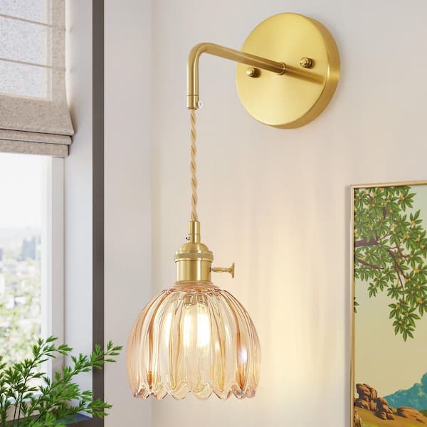 Vintage 5.09 in. 1-Light Gold Modern Industrial Wall Sconce with Tulip Amber Glass Shade
