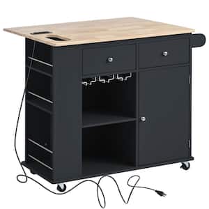 Black Rubber Wood and MDF 40 in. Kitchen Island with Power Outlet, Wine Rack, 5-Wheels, and Open Adjustable Storage