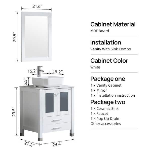 Wonline 24.5 in. W x 21.7 in. D x 61 in. H Single Sink Bath Vanity in White with Glass Top and Mirror