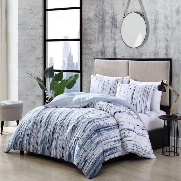 City Scene Sokal 3-Piece Blue Striped Cotton King Comforter Set
