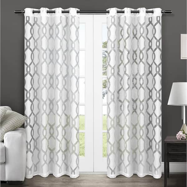 EXCLUSIVE HOME Rio Winter White Trellis Sheer Grommet Top Curtain, 54 in. W x 96 in. L (Set of 2)