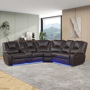 103 in. W Square Arm Faux Leather U-Shaped Sectional Sofa in Brown with 2-Cup Holders and Storage