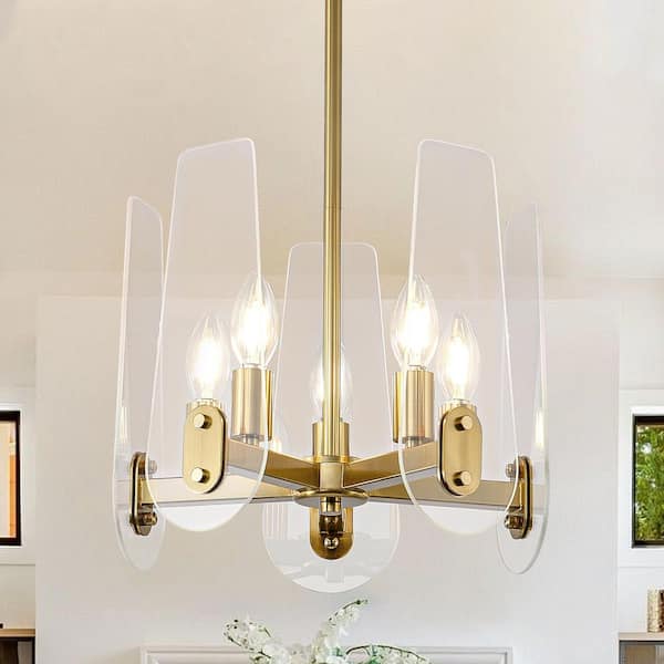 PAKOKULA 13 in. 5-Light Gold Modern Glam Semi-Flush Mount Ceiling Light with Clear Glass Shade