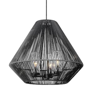 Valentina 18.25 in. 3-Light Natural Black and Matte Black Wicker Dimmable Outdoor Pendant Light