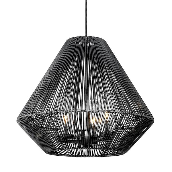 Golden Lighting Valentina 18.25 in. 3-Light Natural Black and Matte Black Wicker Dimmable Outdoor Pendant Light