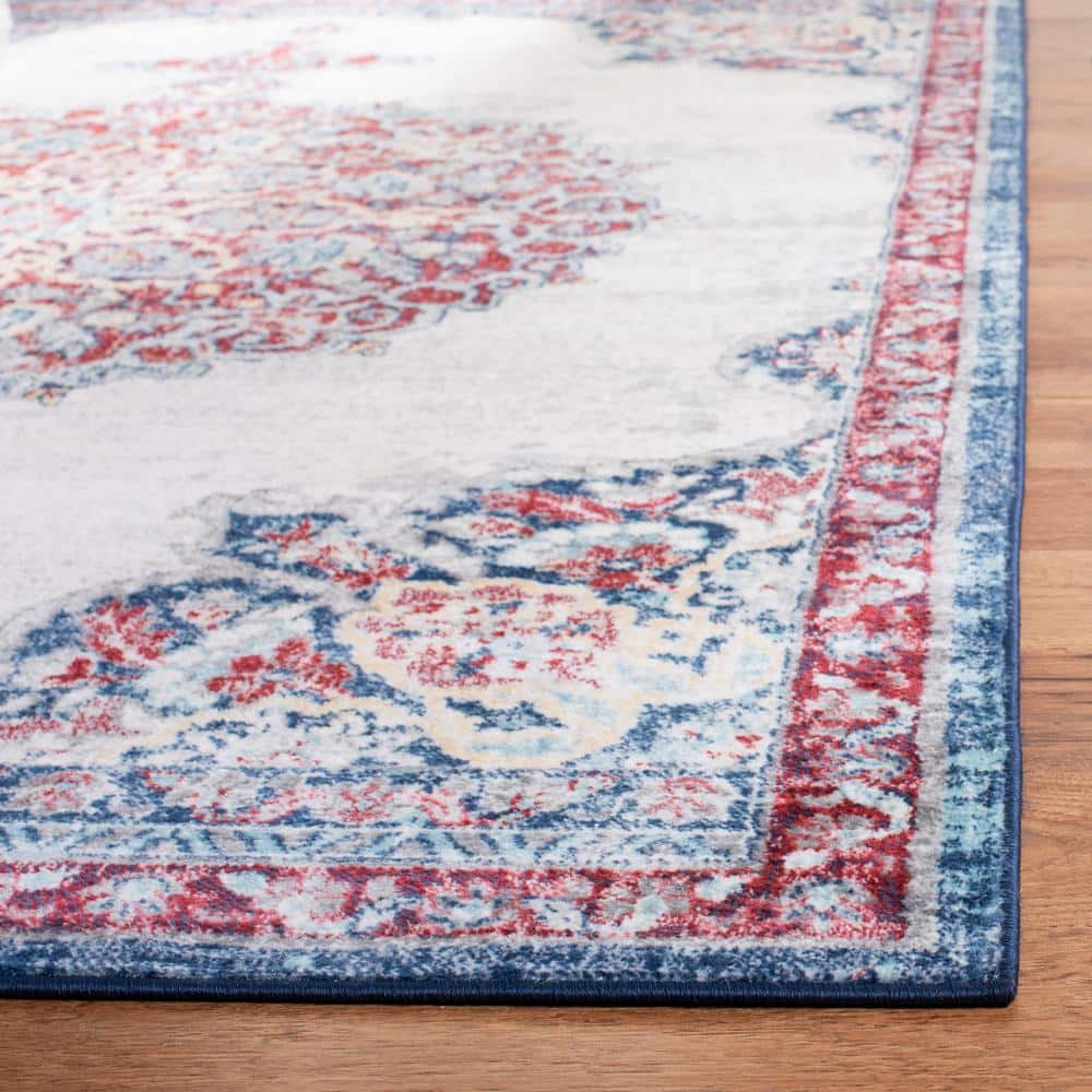 Ivory and Red Synthetic Square Oriental Area Rug