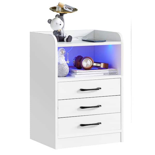 Unbranded White 3-Drawers LED Nightstand Bedside Table Modern End Side Table with Charging Station and USB Ports for Bedroom