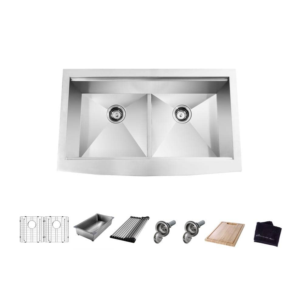 Glacier Bay Zero Radius Farmhouse Apron-Front 18G Stainless Steel 33 in. 50/50 Double Bowl Workstation Kitchen Sink with Accessories