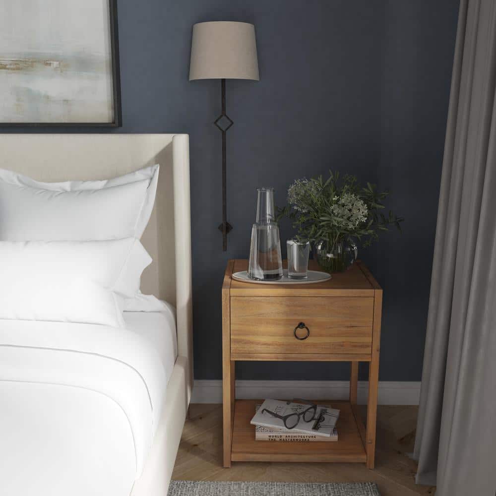 Transitional Modern Natural Wood and Black Metal End Table with Storage