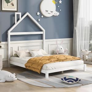 White Full Size Wood Frame House Platform Bed with Chimney Design