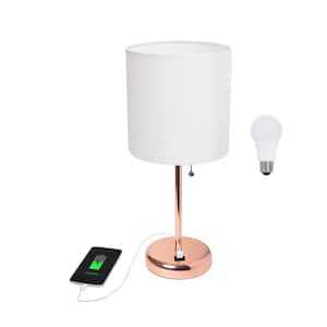 19.5 in. White Shade Rose Gold Stick Table Desk Lamp for Living Room with USB Charging Port and LED Bulb Included