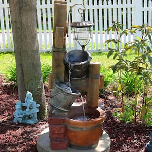 34 in. Rustic Pouring Buckets Outdoor Water Fountain with Solar Lantern
