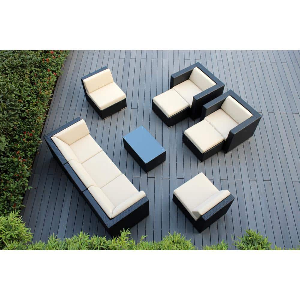 Black 10-Piece Wicker Patio Seating Set with Supercrylic Beige Cushions