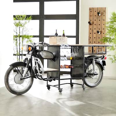 38 in. Black Handmade One-of-a-Kind Metal Reclaimed Motorcycle Bar with Light Up Headlights