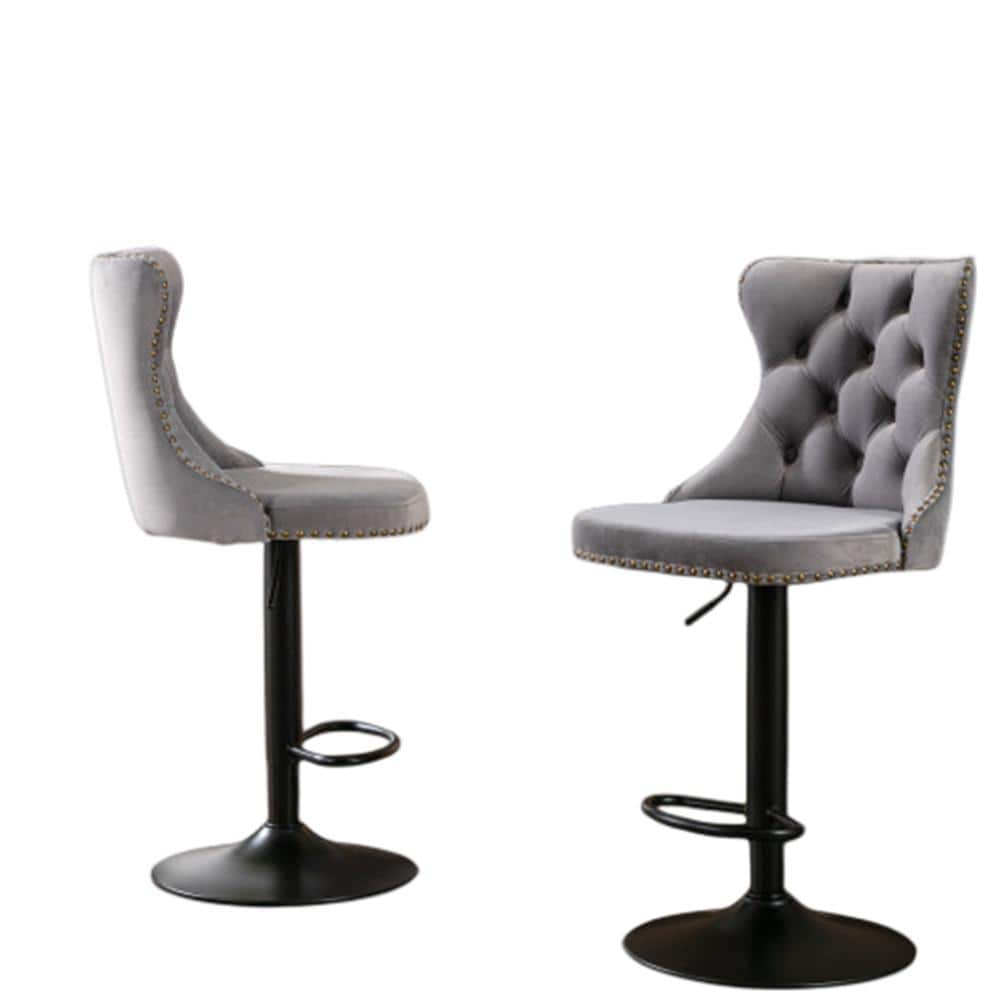45.6 in. Gray Metal Adjustable Seat Height Velvet Bar Stools with Upholster