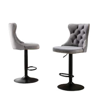 45.6 in. Gray Metal Adjustable Seat Height Velvet Bar Stools with Upholstered Seat and Backrest (Set of 2)