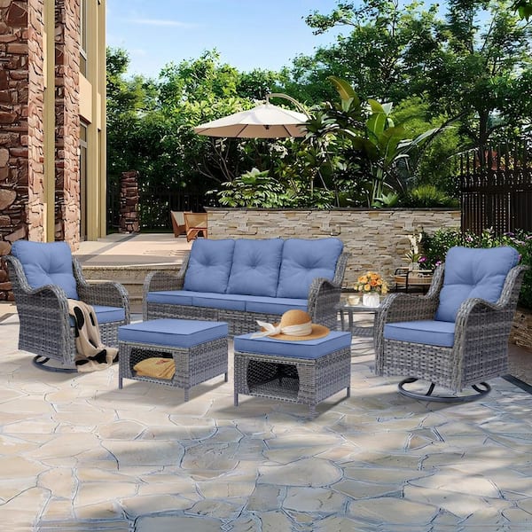 Gray 6-Piece Wicker Outdoor Patio Conversation Seating Sofa Set with Denim Blue Cushions and Swivel Rocking Chairs