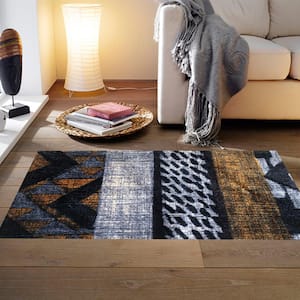 Washable Brown/Grey/Black and White Tribal 2 ft. 3 in. x 3 ft. 11 in. Medium Mat Area Rug