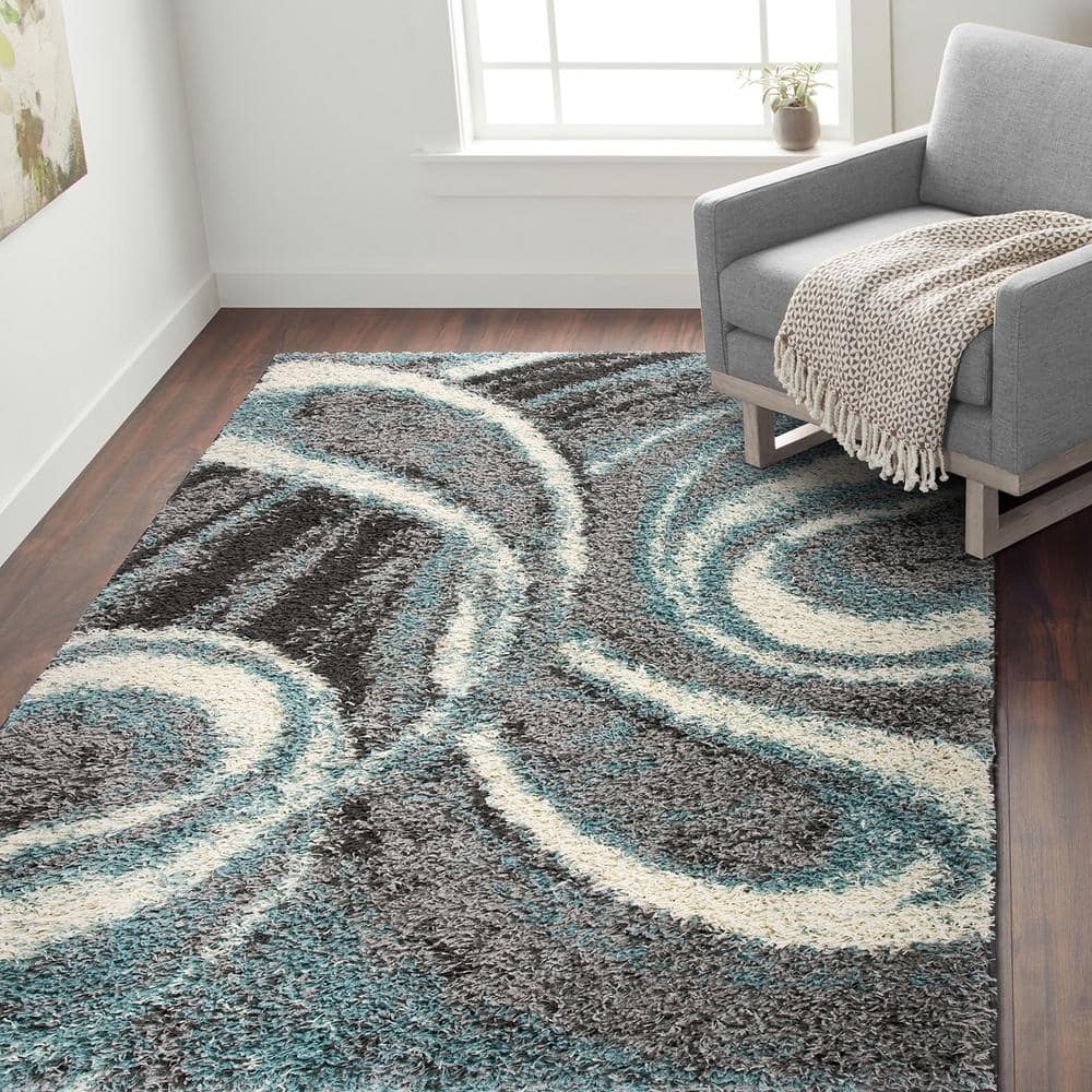 Blue and Gray Abstract Shag 5' x 7' Area Rug