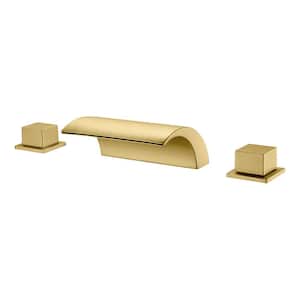 Waterfall Double Handle Tub Deck Mount Roman Tub Faucet with Valves in Brushed Gold