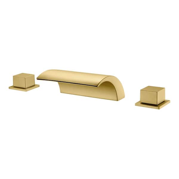 SUMERAIN Waterfall Double Handle Tub Deck Mount Roman Tub Faucet with Valves in Brushed Gold