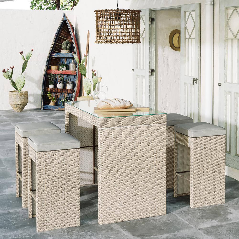 Brown 5-Piece Wicker Outdoor Dining Set with 4 Stools Brown Cushion price history on PriceWatchPro