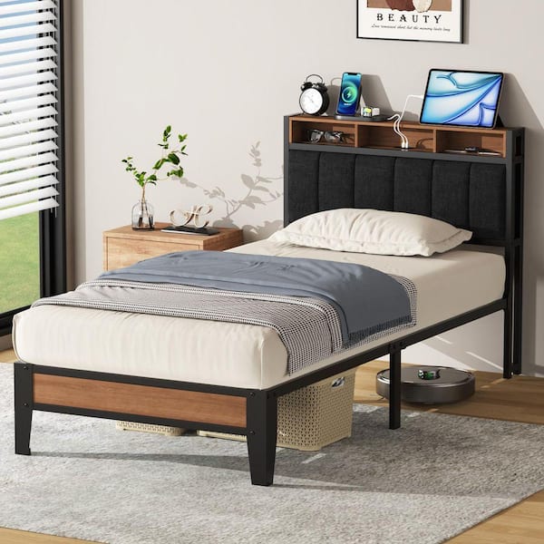 Black Metal Frame Twin XL Upholstered Platform Bed with Charging Station and Storage Headboard