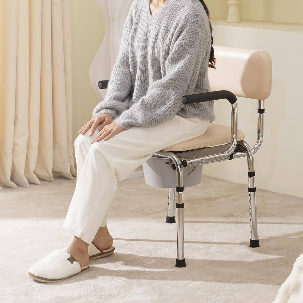 Adjustable Height White Steel Bedside Commode Chair