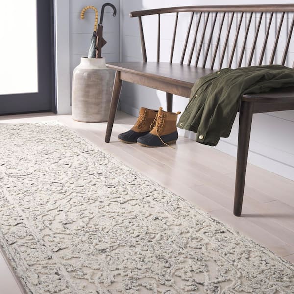 Martha Stewart 2 ft. x 8 ft. Ivory/Charcoal Ornate Border Runner Rug