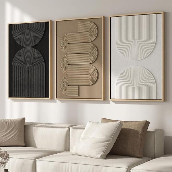 3 Piece Framed Large 3D Textured Wall Art Poster, Black White Brown Minimalist Geometric Pictures, 36 in. x 24 in