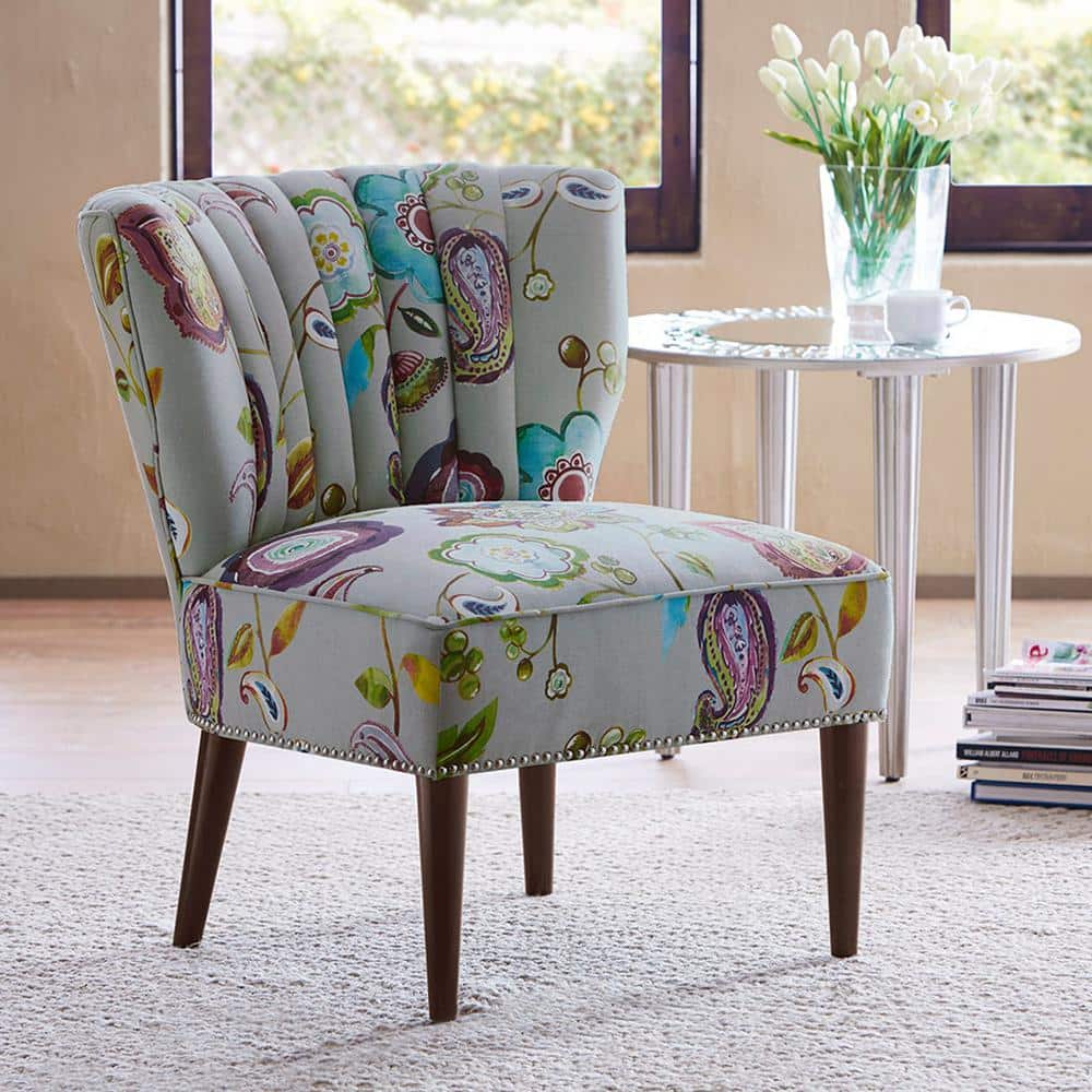 Floral Multicolor Channel Back Slipper Chair with Tapered Legs