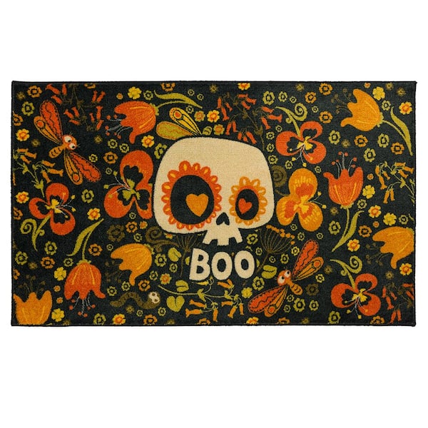 Mohawk Home Flower Boo Skull Black 2 ft. x 3 ft. 4 in. Machine Washable Holiday Area Rug