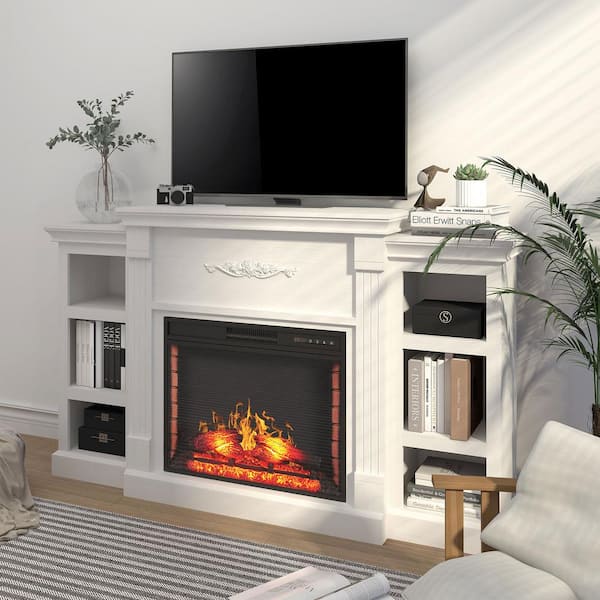 70 in. Freestanding MDF Electric Fireplace TV Stand with Shelves in White